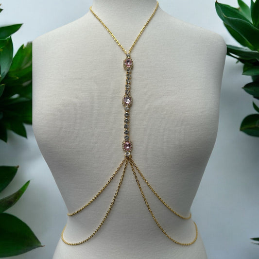 Centred Pink Rhinestone Bralette Statement Body Chain Jewellery - Fatisha Boutique