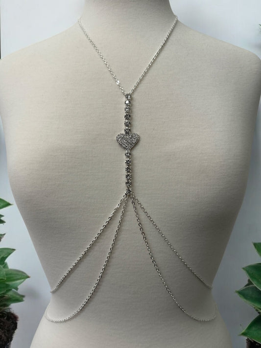 Centred Rhinestone Bralette Statement Body Chain Jewellery – Gold & Silver | Heart Pendant, Festival & Party Wear - Fatisha Boutique