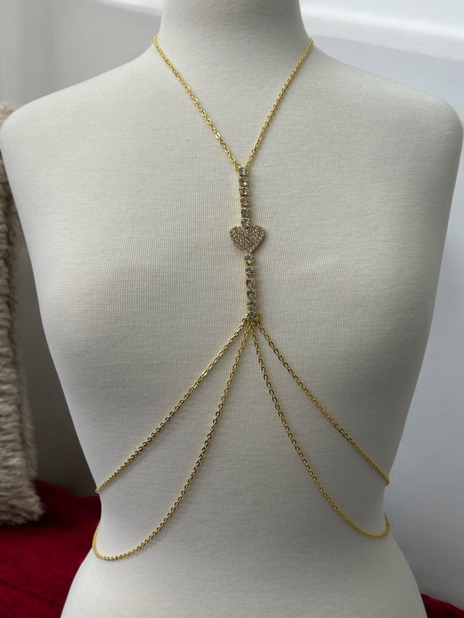 Centred Rhinestone Bralette Statement Body Chain Jewellery – Gold & Silver | Heart Pendant, Festival & Party Wear - Fatisha Boutique
