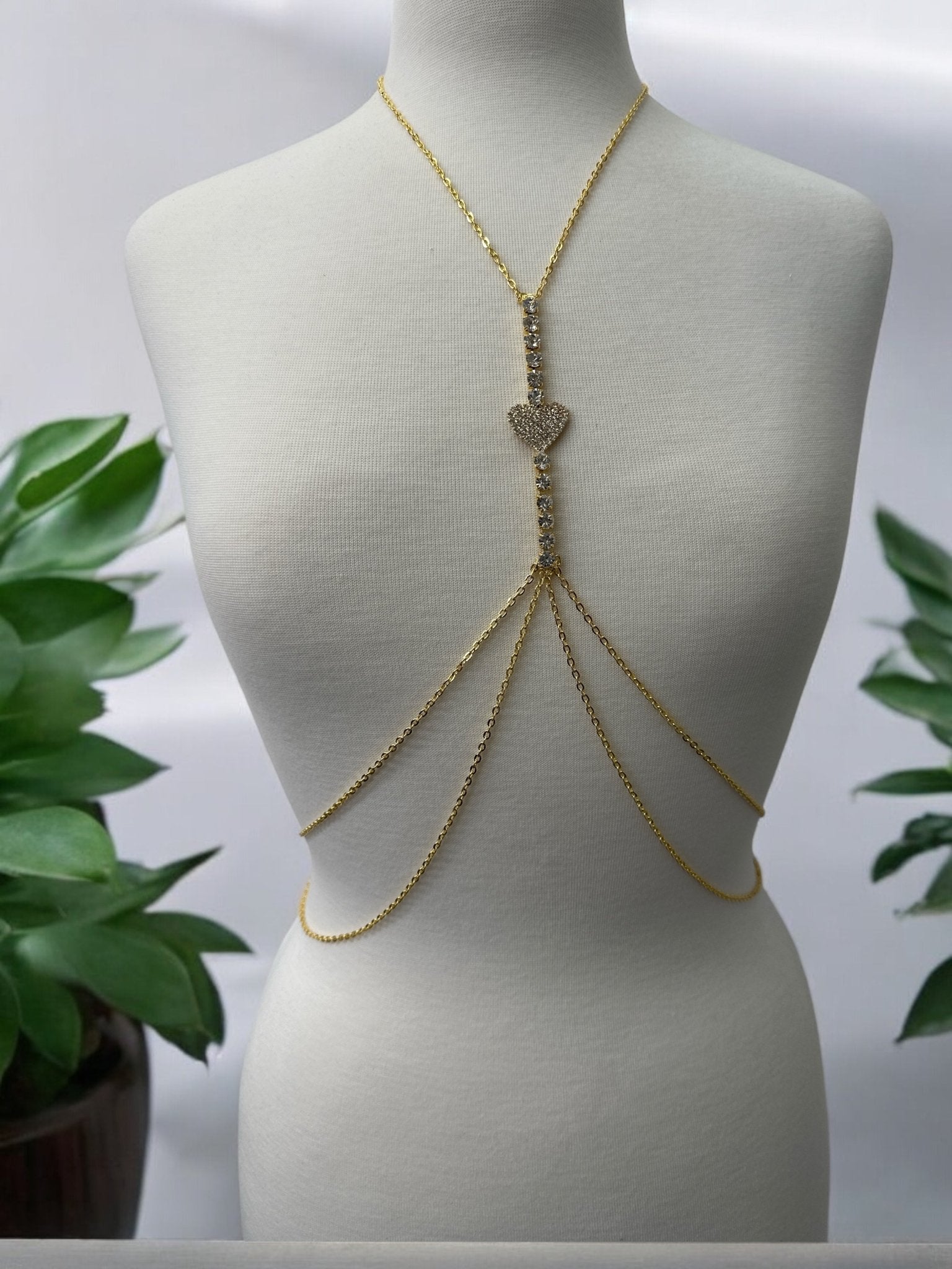 Centred Rhinestone Bralette Statement Body Chain Jewellery – Gold & Silver | Heart Pendant, Festival & Party Wear - Fatisha Boutique
