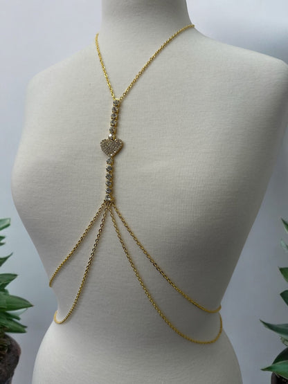 Centred Rhinestone Bralette Statement Body Chain Jewellery – Gold & Silver | Heart Pendant, Festival & Party Wear - Fatisha Boutique