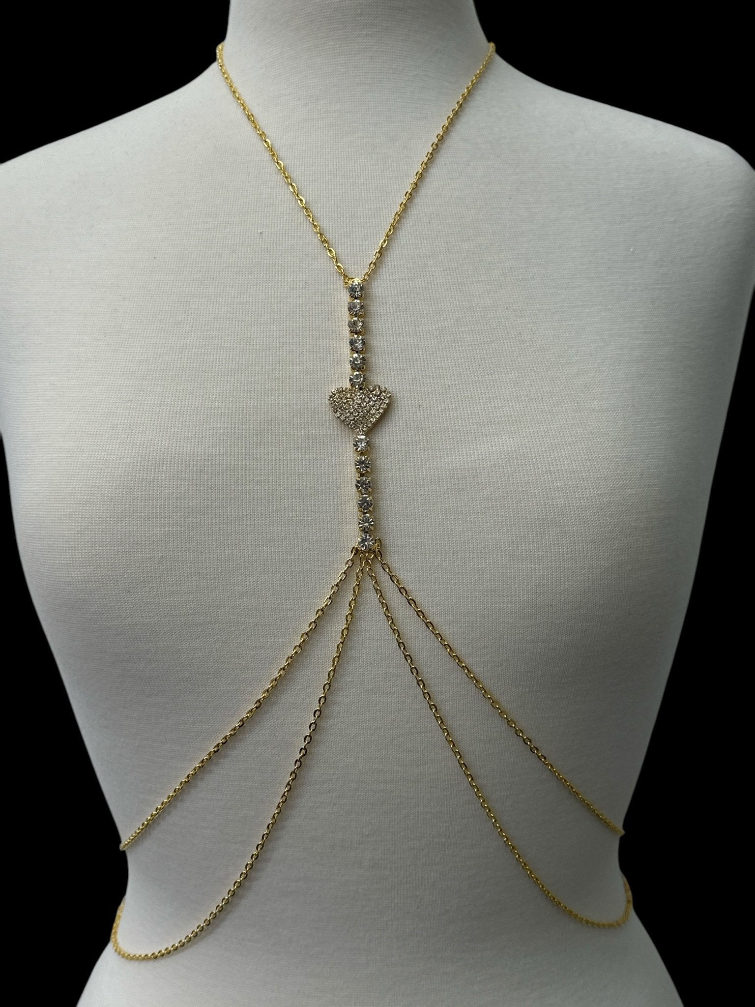 Centred Rhinestone Bralette Statement Body Chain Jewellery – Gold & Silver | Heart Pendant, Festival & Party Wear - Fatisha Boutique