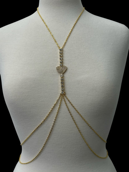 Centred Rhinestone Bralette Statement Body Chain Jewellery – Gold & Silver | Heart Pendant, Festival & Party Wear - Fatisha Boutique