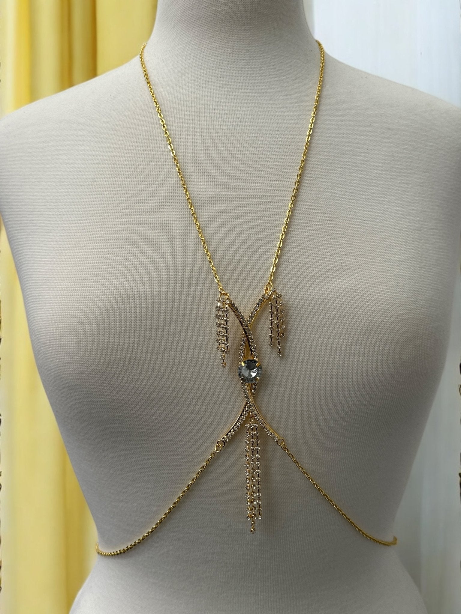 Centred Rhinestone Bralette Statement Body Chain Jewellery – Silver & Gold - Fatisha Boutique
