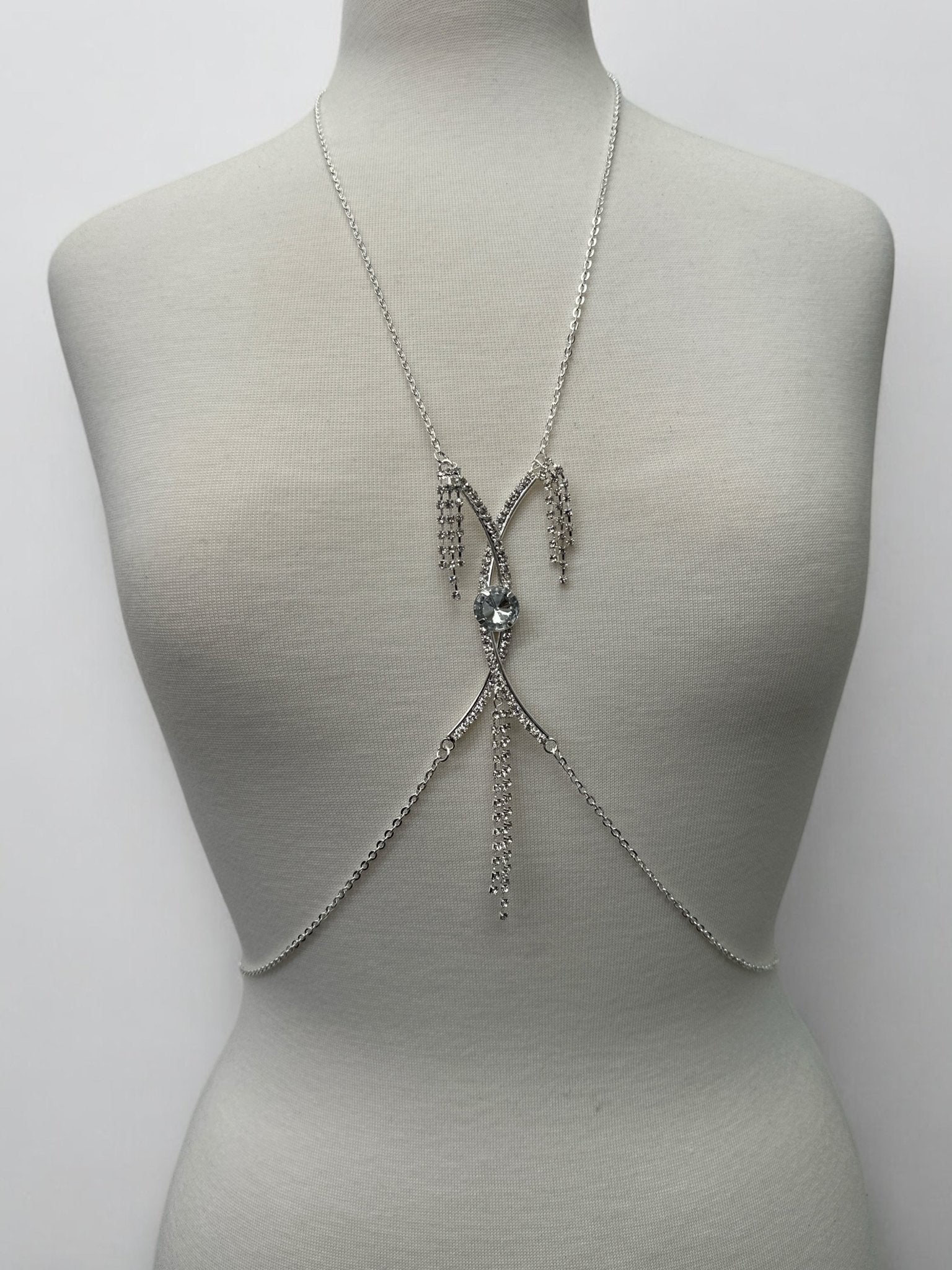 Centred Rhinestone Bralette Statement Body Chain Jewellery – Silver & Gold - Fatisha Boutique