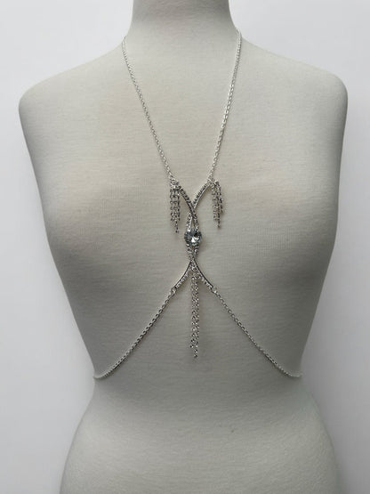 Centred Rhinestone Bralette Statement Body Chain Jewellery – Silver & Gold - Fatisha Boutique