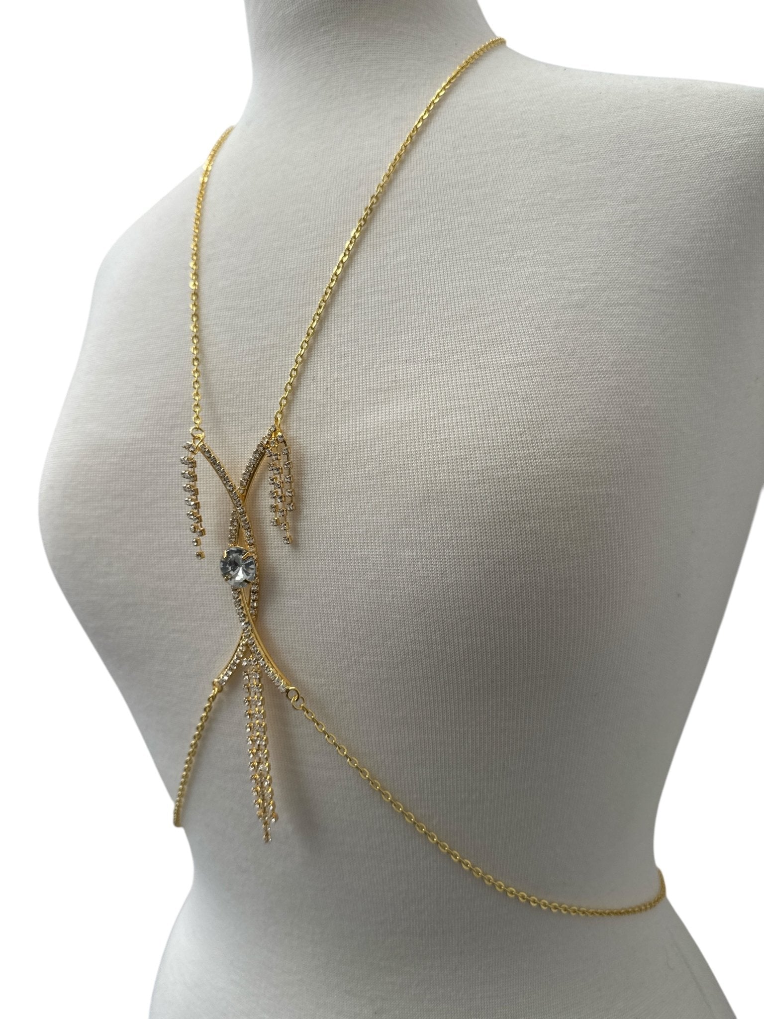 Centred Rhinestone Bralette Statement Body Chain Jewellery – Silver & Gold - Fatisha Boutique