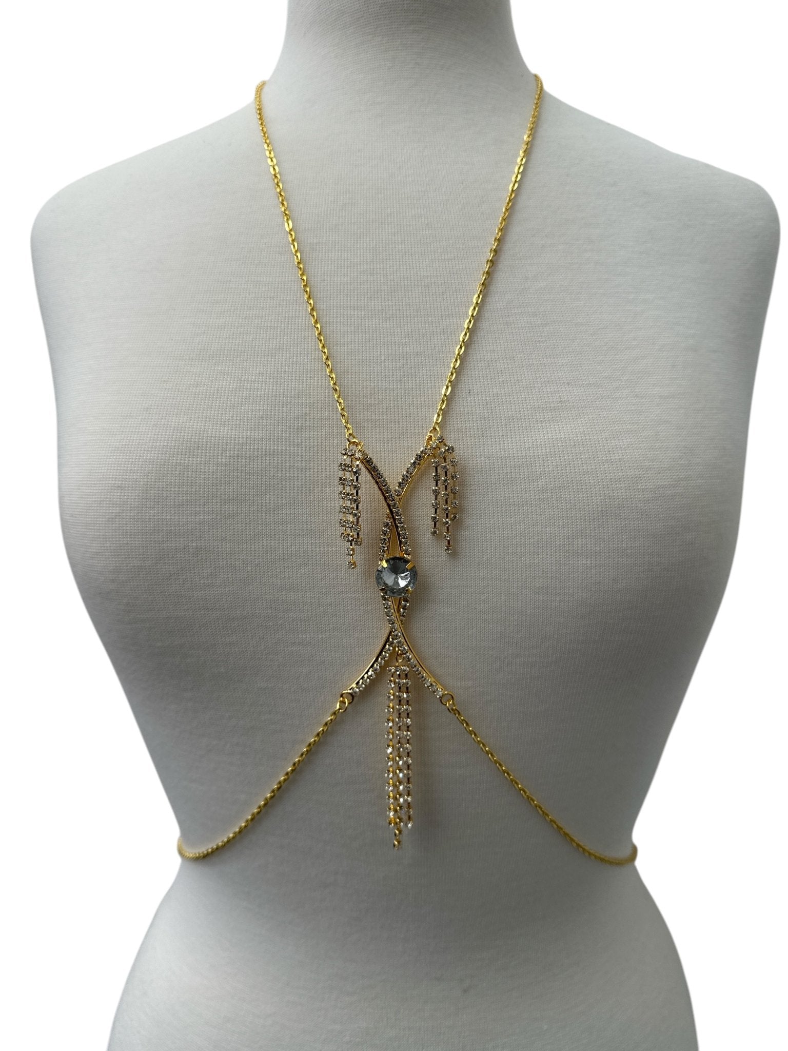 Centred Rhinestone Bralette Statement Body Chain Jewellery – Silver & Gold - Fatisha Boutique