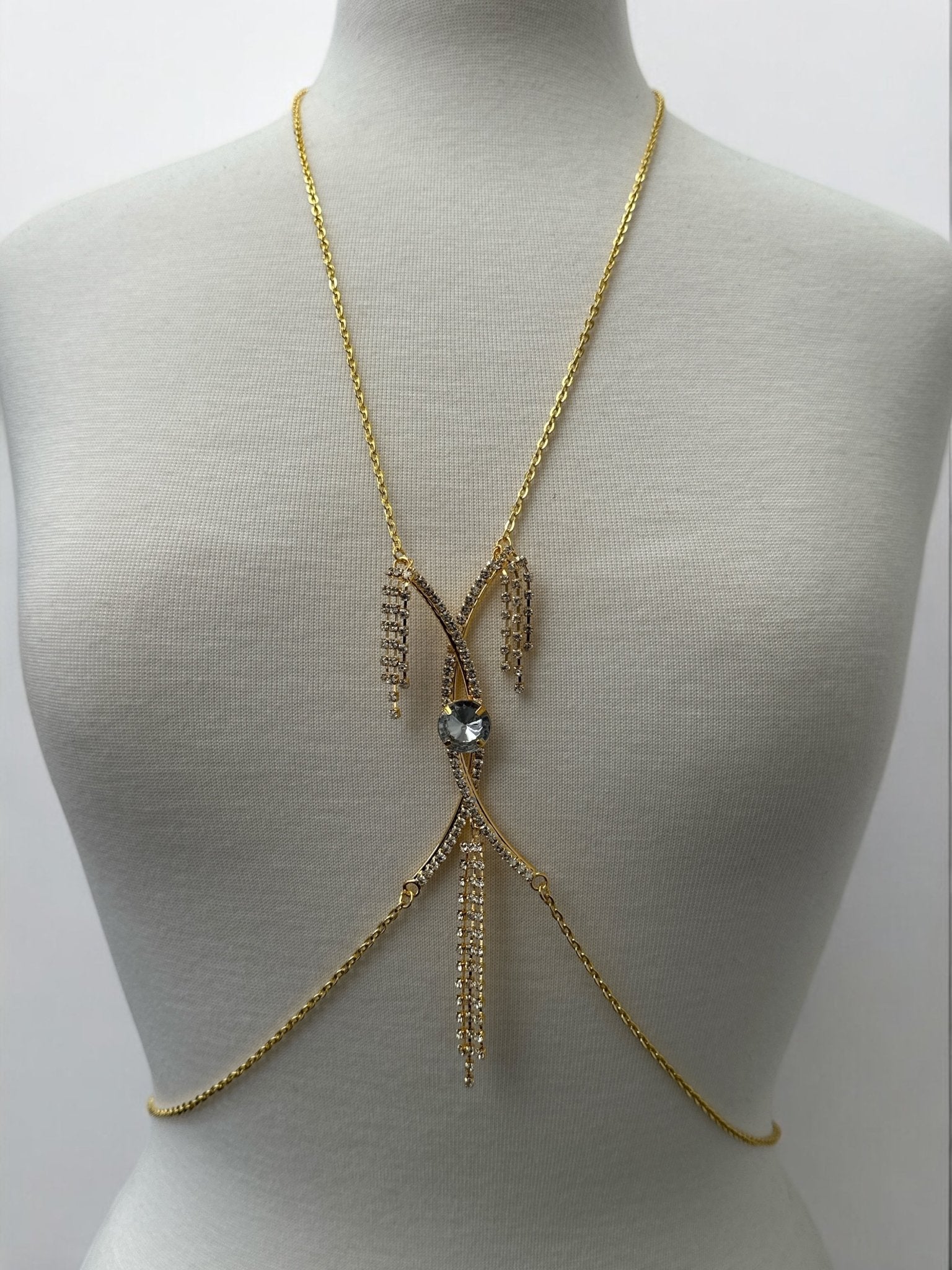 Centred Rhinestone Bralette Statement Body Chain Jewellery – Silver & Gold - Fatisha Boutique