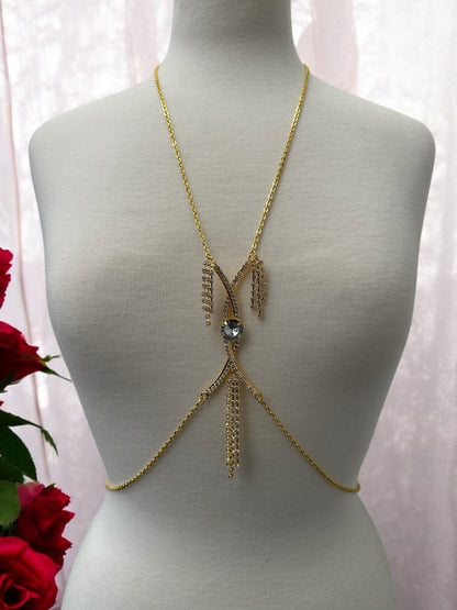 Centred Rhinestone Bralette Statement Body Chain Jewellery – Silver & Gold - Fatisha Boutique