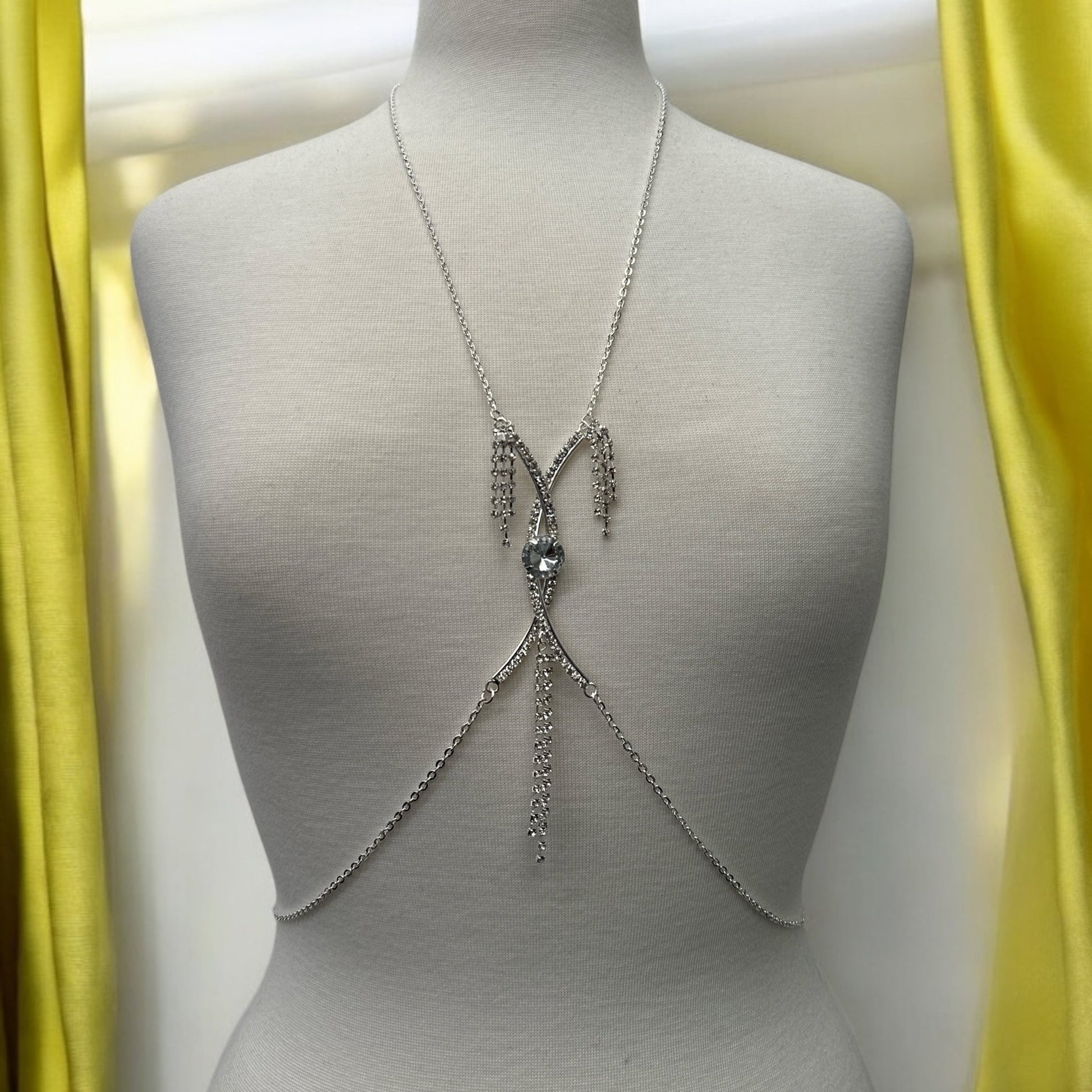 Centred Rhinestone Bralette Statement Body Chain Jewellery – Silver & Gold - Fatisha Boutique