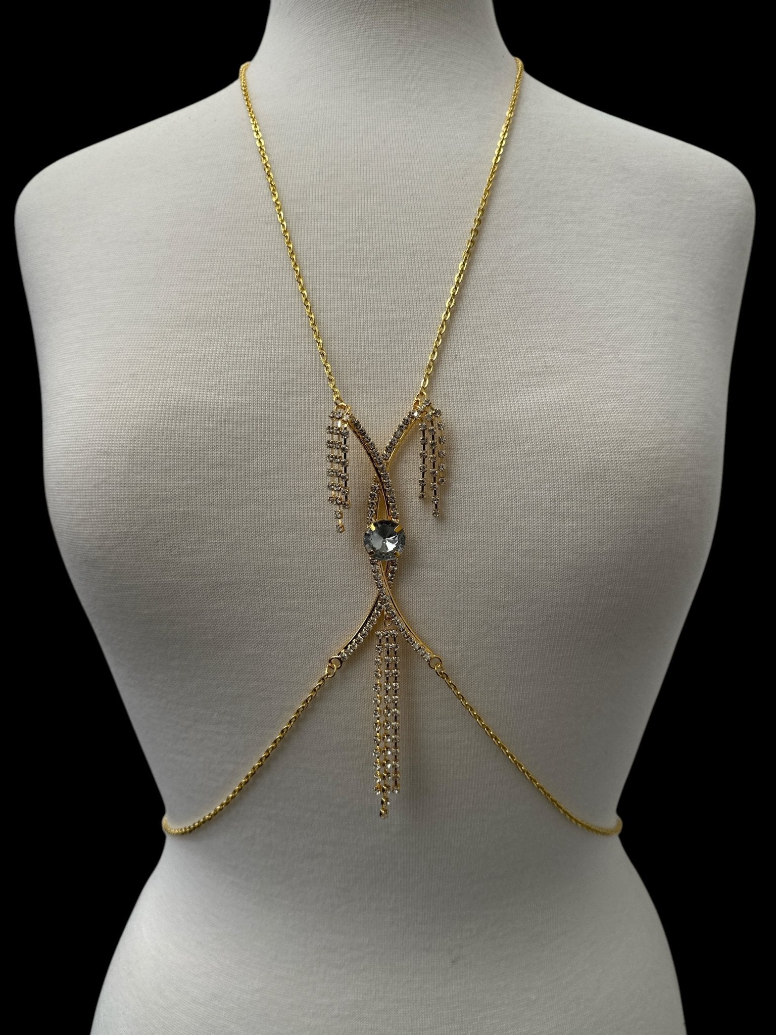 Centred Rhinestone Bralette Statement Body Chain Jewellery – Silver & Gold - Fatisha Boutique