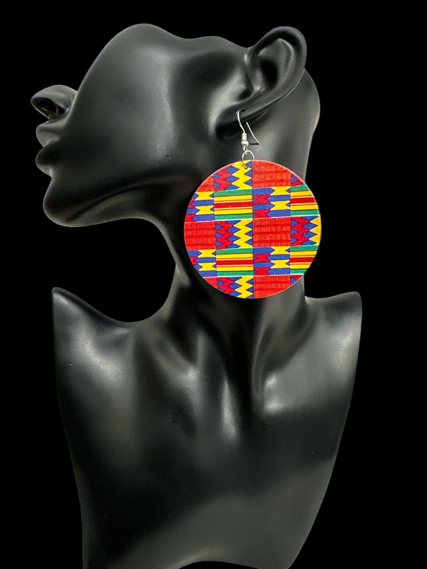 Double - Sided African Print Wood Dangle Earrings, Lightweight Tribal Statement - Fatisha Boutique