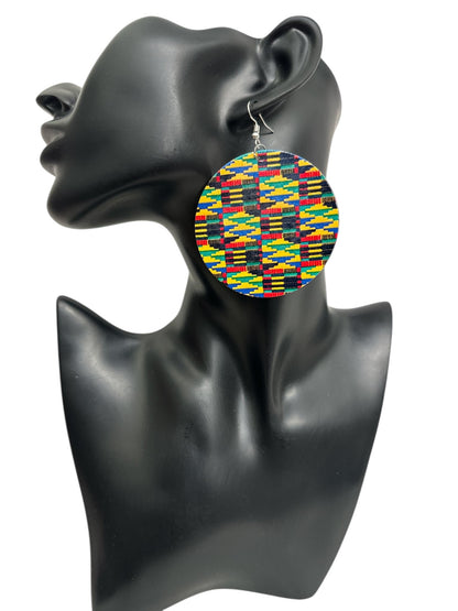 Double - Sided African Print Wood Dangle Earrings, Lightweight Tribal Statement - Fatisha Boutique