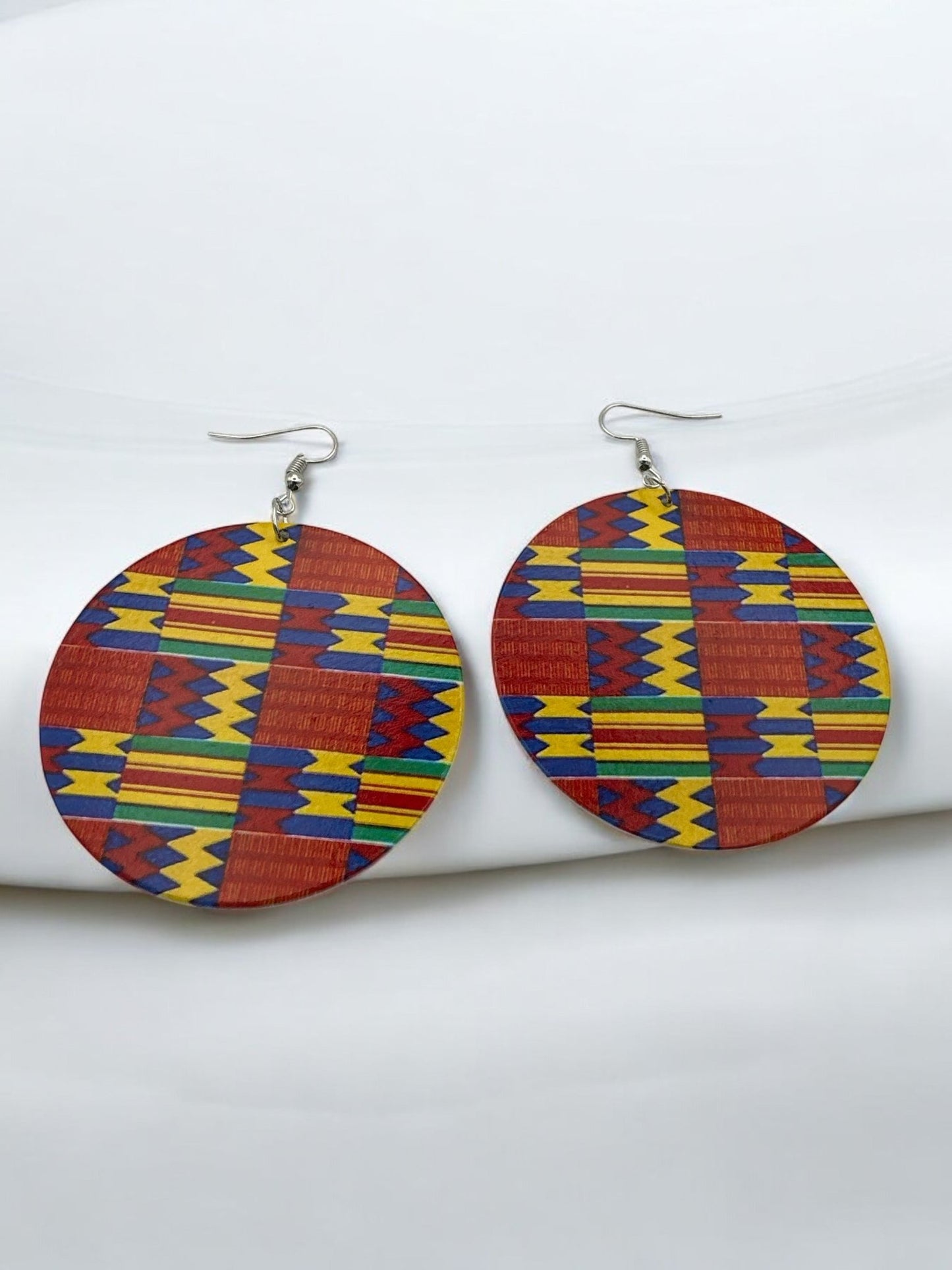 Double - Sided African Print Wood Dangle Earrings, Lightweight Tribal Statement - Fatisha Boutique