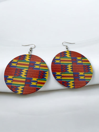 Double - Sided African Print Wood Dangle Earrings, Lightweight Tribal Statement - Fatisha Boutique