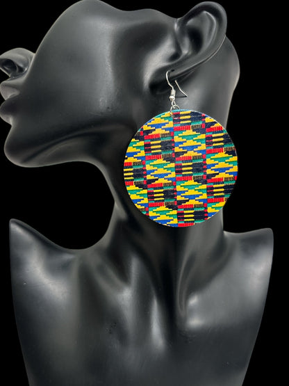 Double - Sided African Print Wood Dangle Earrings, Lightweight Tribal Statement - Fatisha Boutique