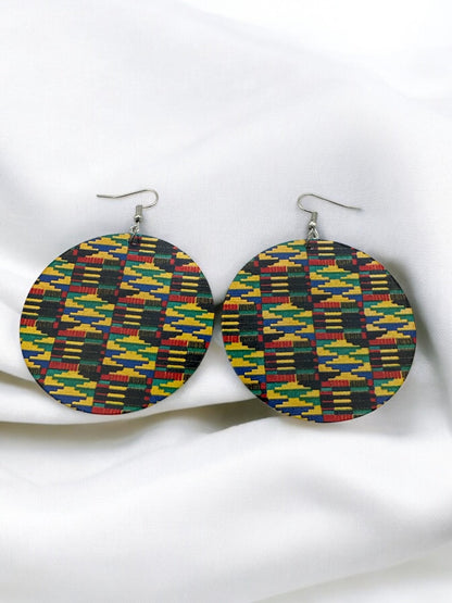 Double - Sided African Print Wood Dangle Earrings, Lightweight Tribal Statement - Fatisha Boutique