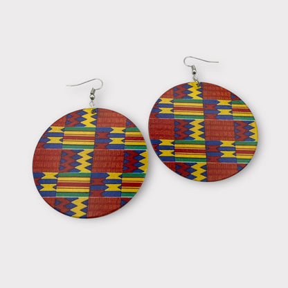 Double - Sided African Print Wood Dangle Earrings, Lightweight Tribal Statement - Fatisha Boutique