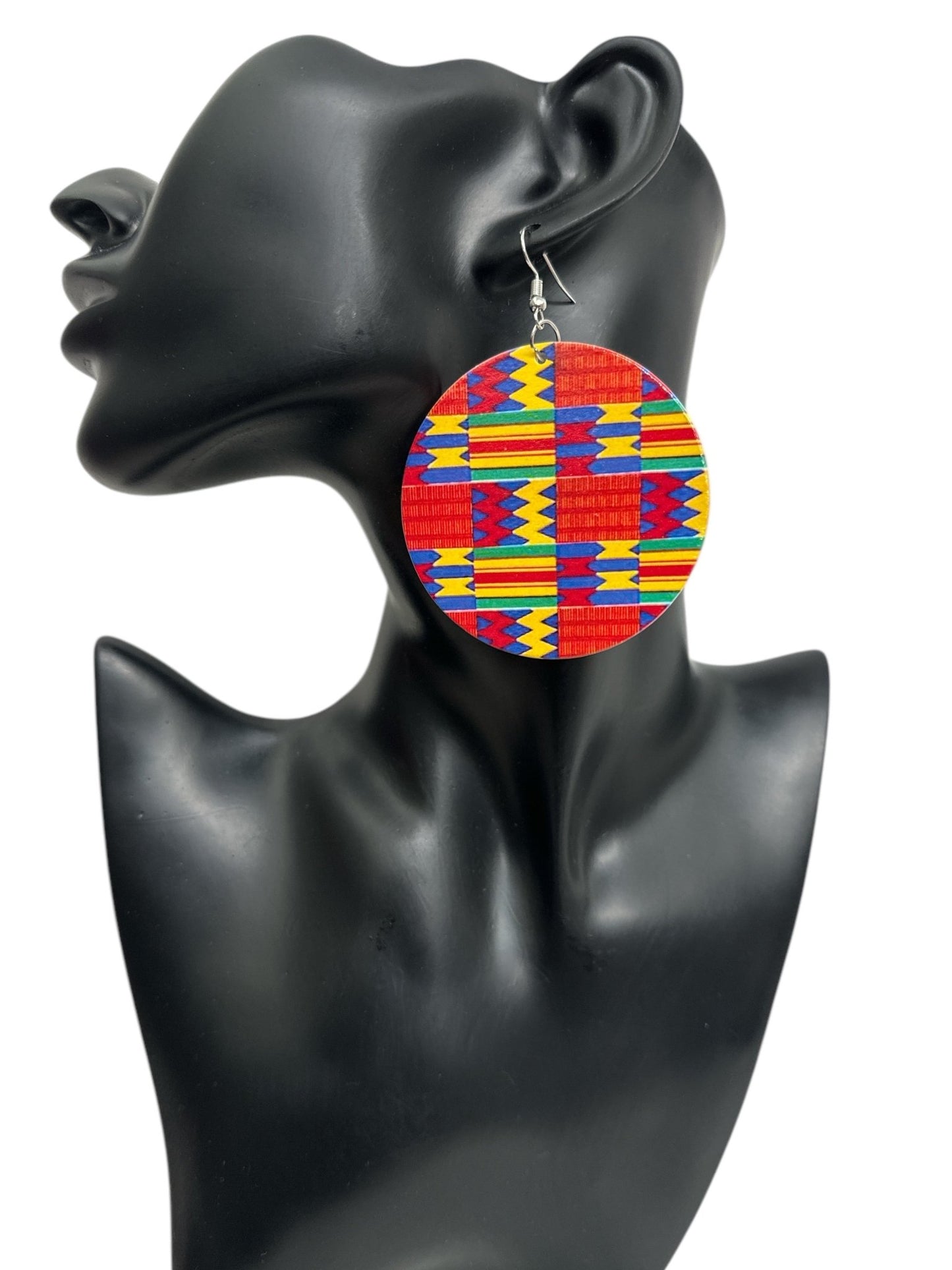 Double - Sided African Print Wood Dangle Earrings, Lightweight Tribal Statement - Fatisha Boutique