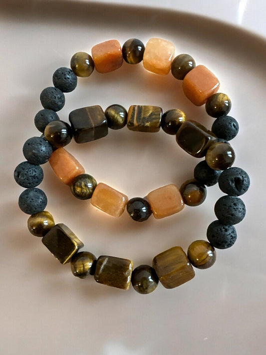 Double Tiger Eye Lava Elasticity Beaded Bangle Bracelets - Fatisha Boutique