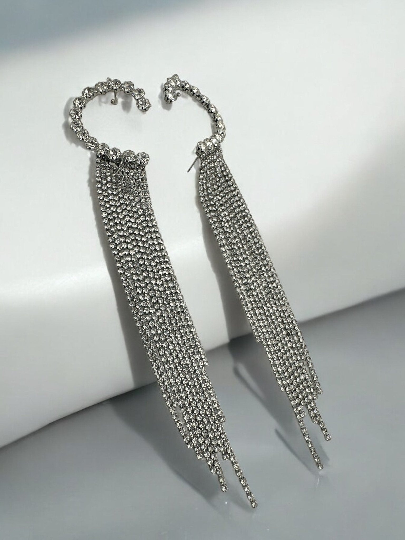 Dramatic Rhinestone Fringe Ear Cuff Earrings – Statement Chain Dangle for Bold Fashion - Fatisha Boutique