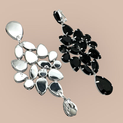 Elegant Black Teardrop Rhinestone Statement Earrings | Crystal Chandelier Earrings | Formal Evening Jewellery - Fatisha Boutique
