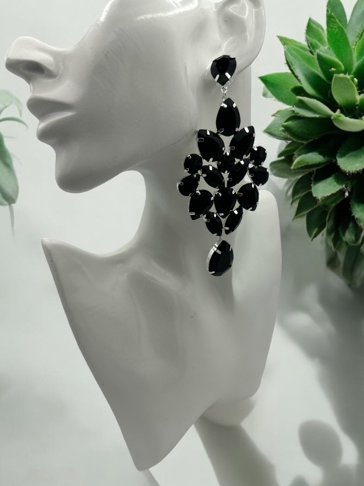 Elegant Black Teardrop Rhinestone Statement Earrings | Crystal Chandelier Earrings | Formal Evening Jewellery - Fatisha Boutique