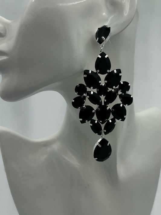 Elegant Black Teardrop Rhinestone Statement Earrings | Crystal Chandelier Earrings | Formal Evening Jewellery - Fatisha Boutique