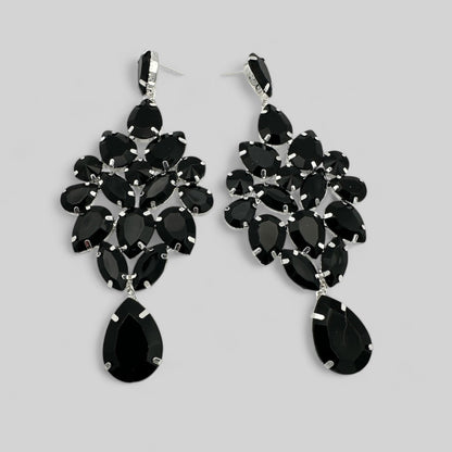 Elegant Black Teardrop Rhinestone Statement Earrings | Crystal Chandelier Earrings | Formal Evening Jewellery - Fatisha Boutique