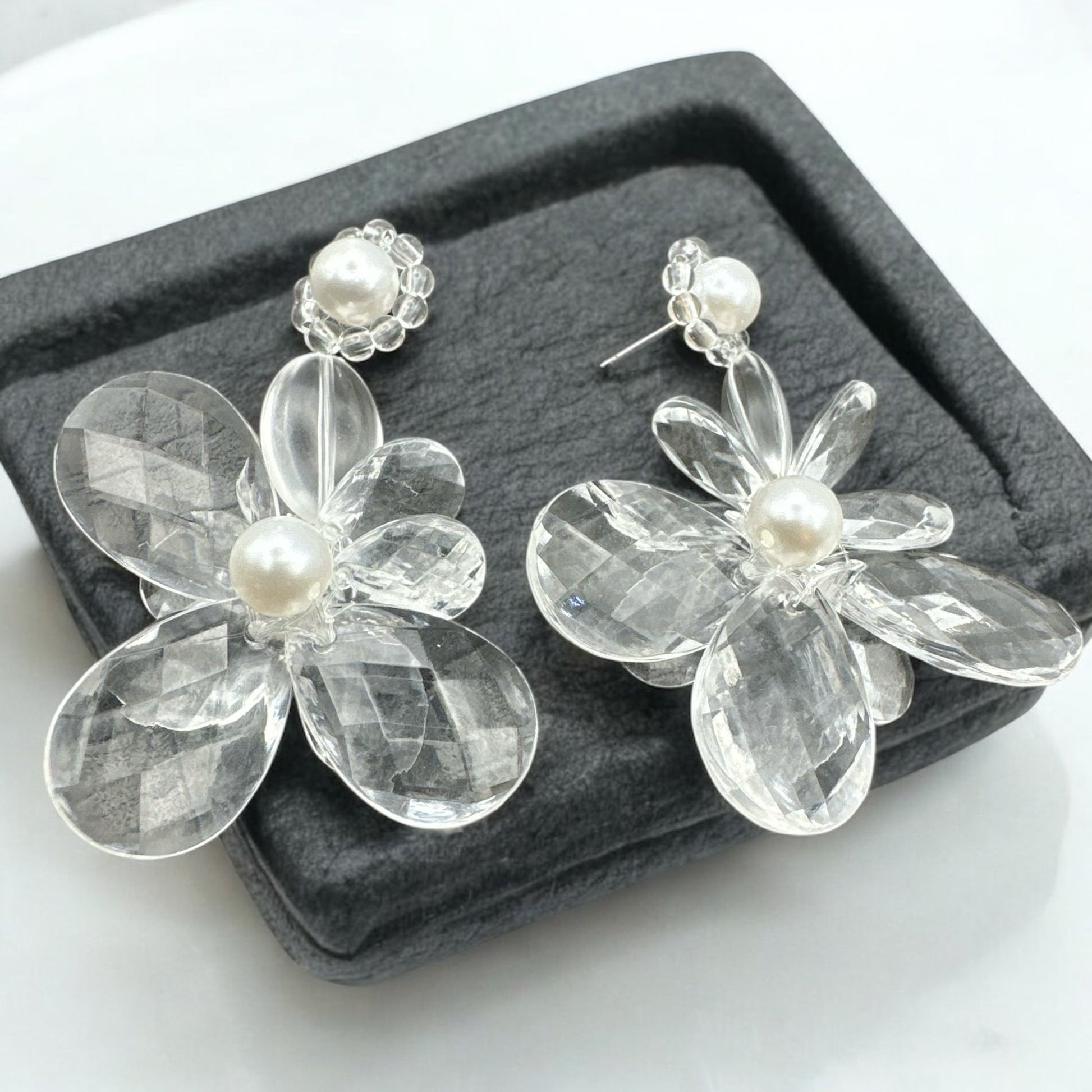 Elegant Clear Acrylic Flower Dangle Earrings – Lightweight Pearl Stud Statement Jewellery for Women - Fatisha Boutique