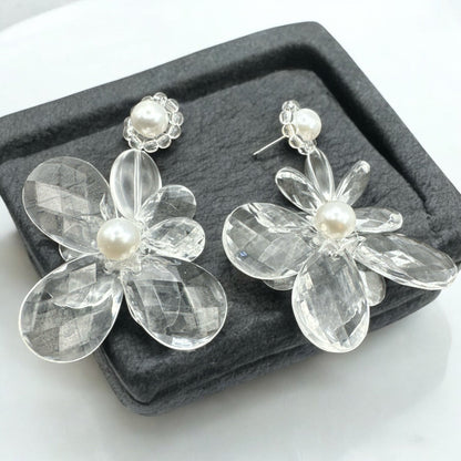 Elegant Clear Acrylic Flower Dangle Earrings – Lightweight Pearl Stud Statement Jewellery for Women - Fatisha Boutique