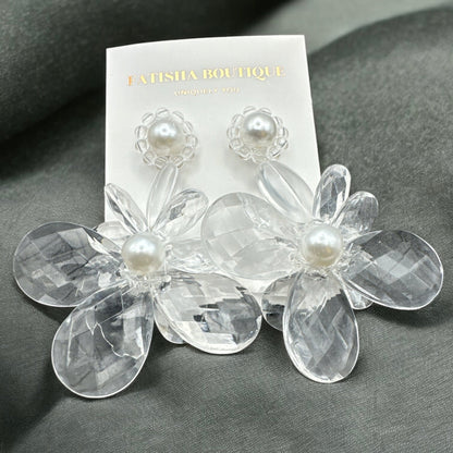 Elegant Clear Acrylic Flower Dangle Earrings – Lightweight Pearl Stud Statement Jewellery for Women - Fatisha Boutique