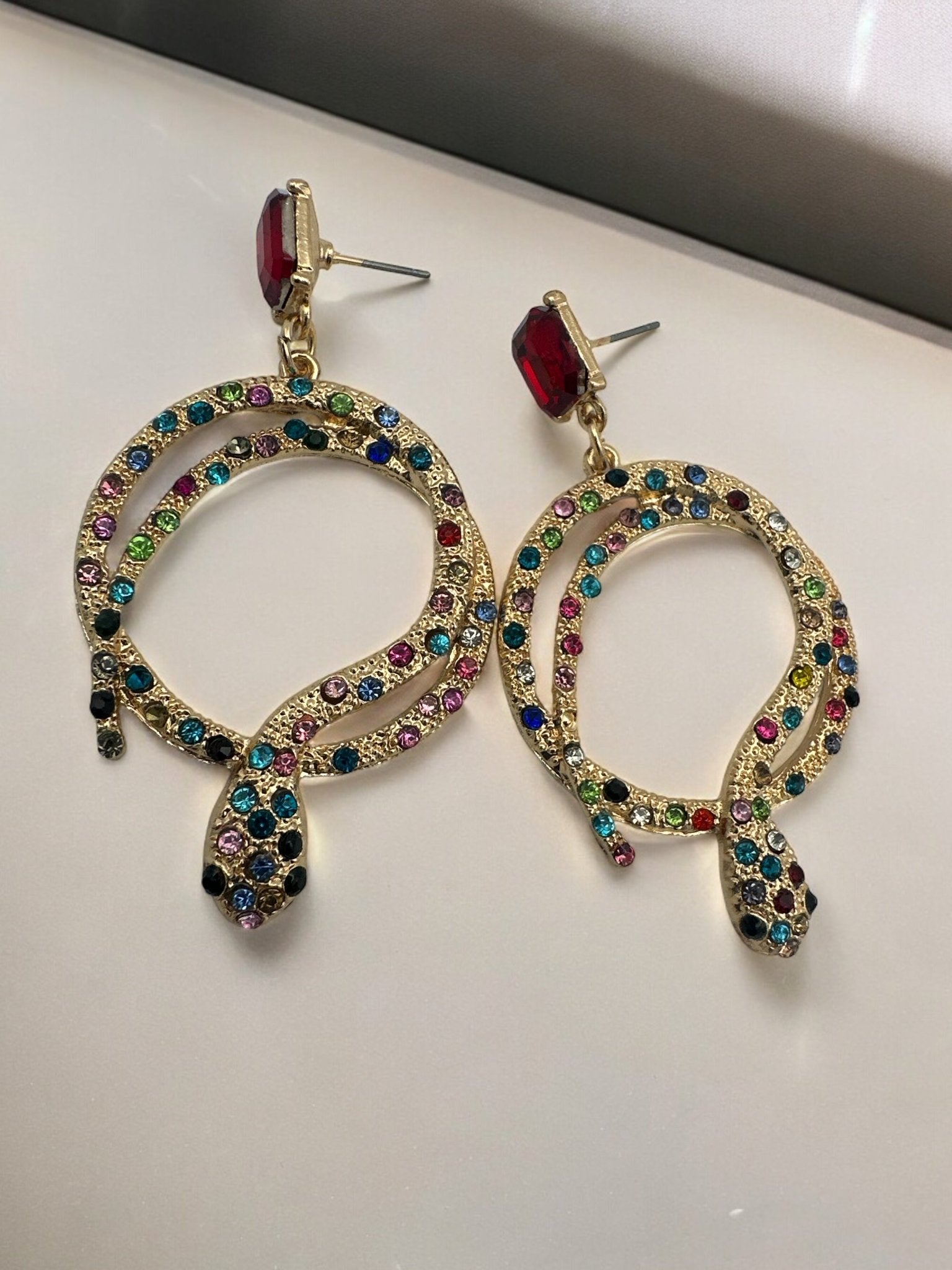 Elegant Diamante Multicoloured Rhinestone Snake Designed Statement Earrings - Fatisha Boutique