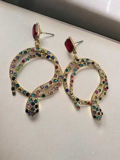 Elegant Diamante Multicoloured Rhinestone Snake Designed Statement Earrings - Fatisha Boutique