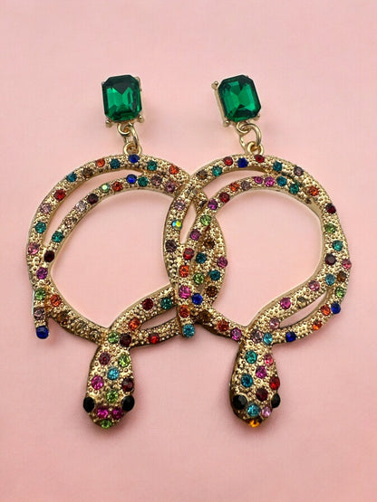 Elegant Diamante Multicoloured Rhinestone Snake Designed Statement Earrings - Fatisha Boutique
