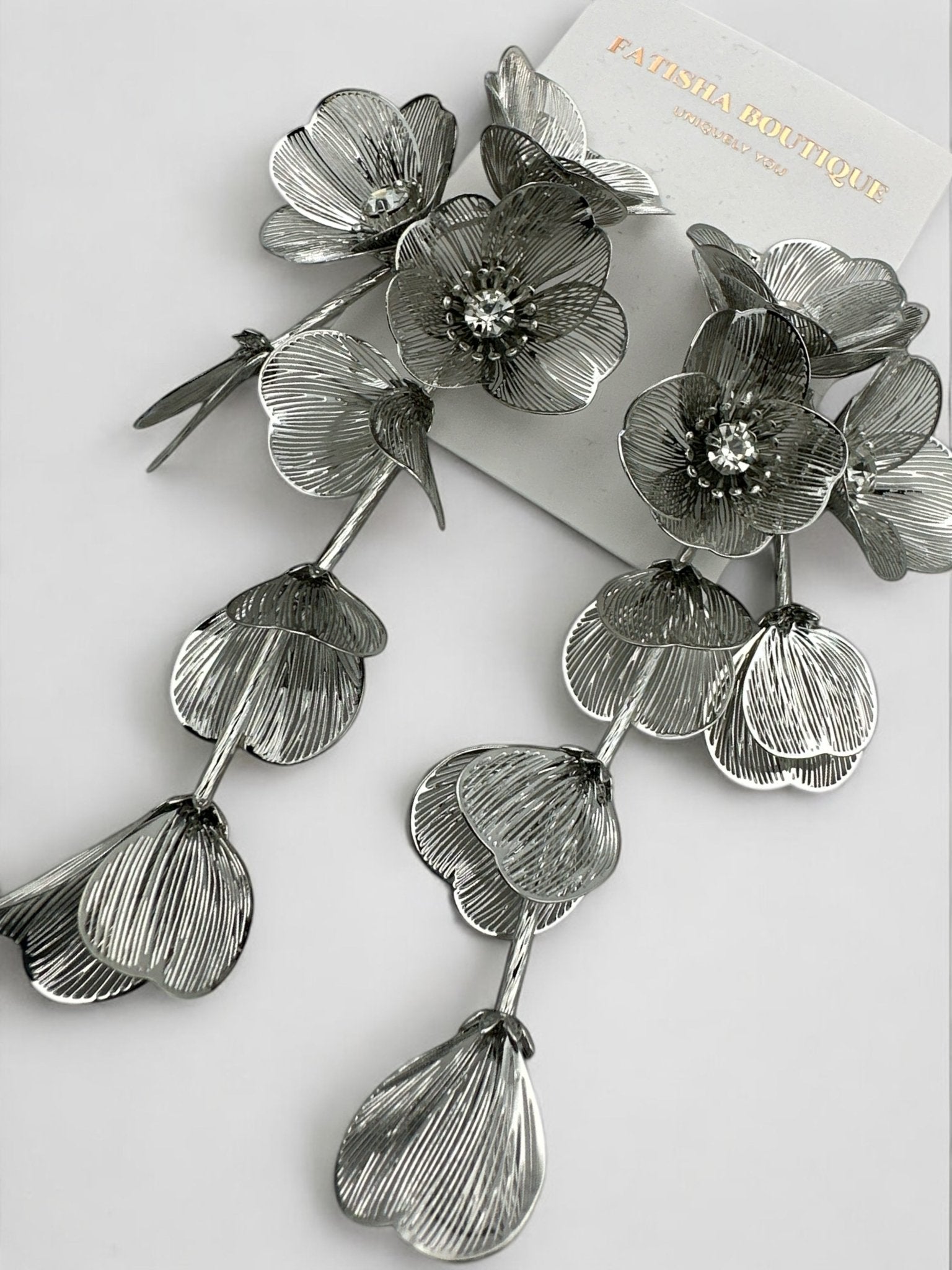Elegant Floral Rhinestone Dangle Earrings – Gold or Silver Alloy - Fatisha Boutique
