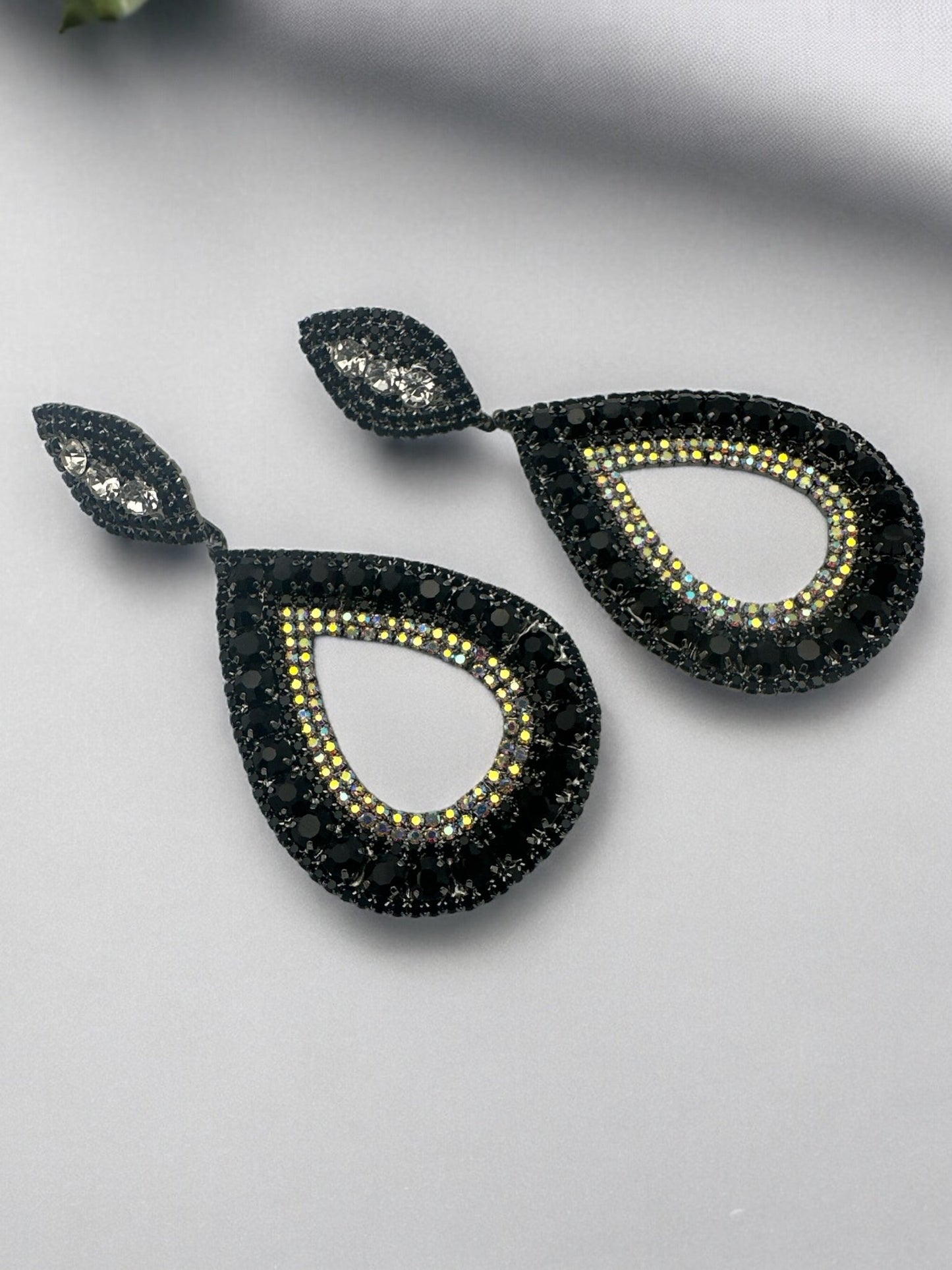 Elegant Glamorous Black Crystal Teardrop Dangle Statement Earrings with Iridescent Accents - Fatisha Boutique