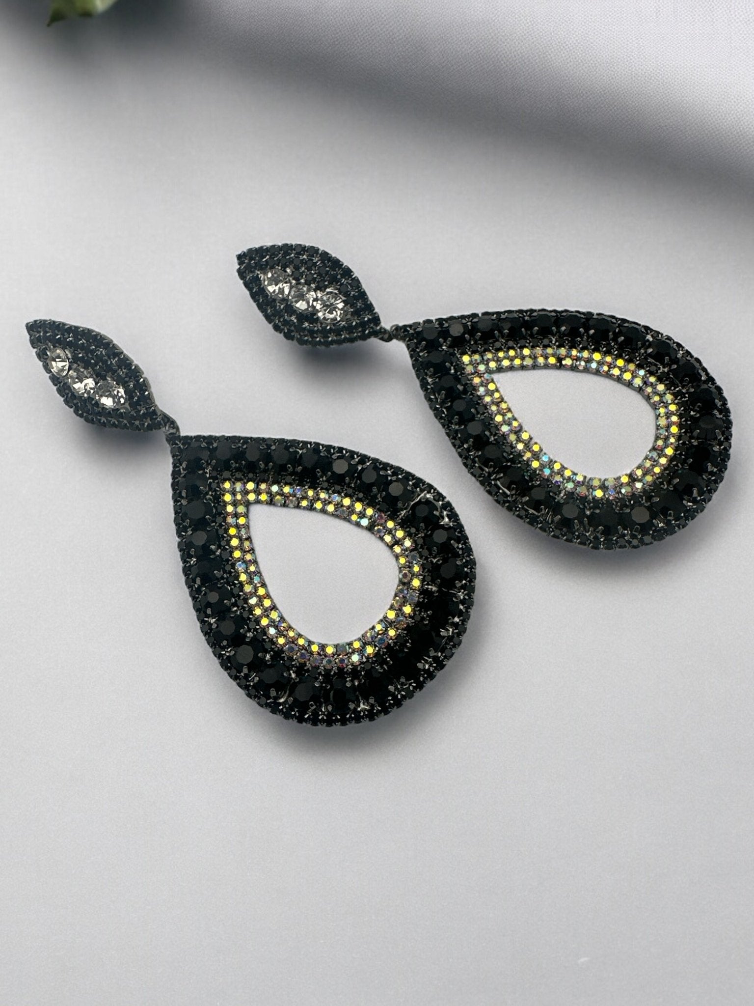 Elegant Glamorous Black Crystal Teardrop Dangle Statement Earrings with Iridescent Accents - Fatisha Boutique