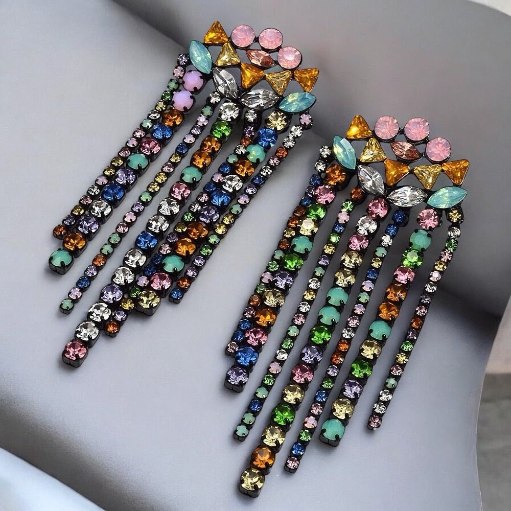 Elegant Multicoloured Crystal Fringe Earrings – Statement Drop Earrings for Women - Fatisha Boutique