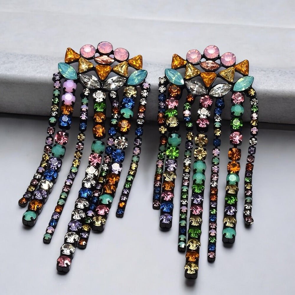 Elegant Multicoloured Crystal Fringe Earrings – Statement Drop Earrings for Women - Fatisha Boutique