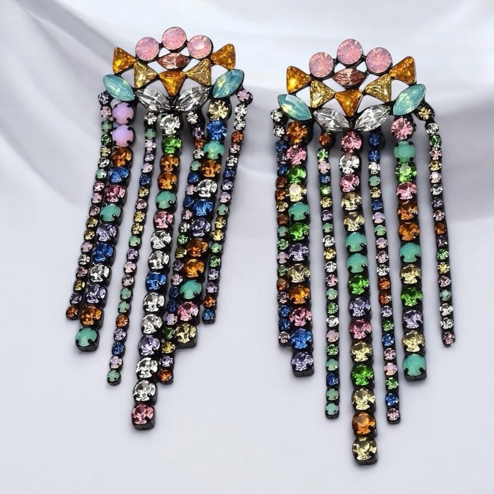 Elegant Multicoloured Crystal Fringe Earrings – Statement Drop Earrings for Women - Fatisha Boutique