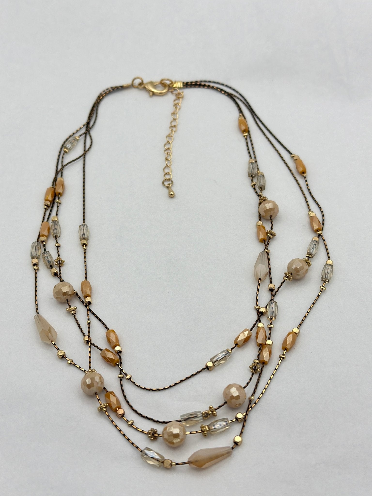 Elegant Multilayer Champagne & Crystal Beaded Necklace with Gold Accents - Fatisha Boutique