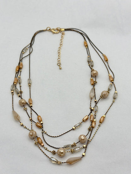 Elegant Multilayer Champagne & Crystal Beaded Necklace with Gold Accents - Fatisha Boutique