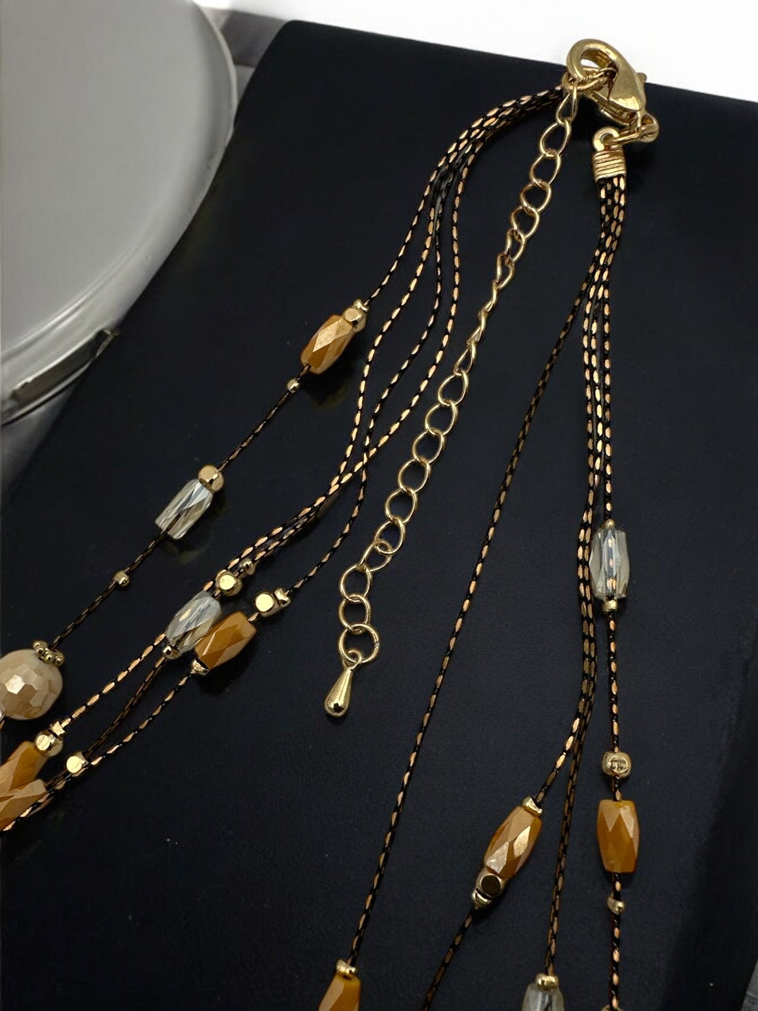 Elegant Multilayer Champagne & Crystal Beaded Necklace with Gold Accents - Fatisha Boutique