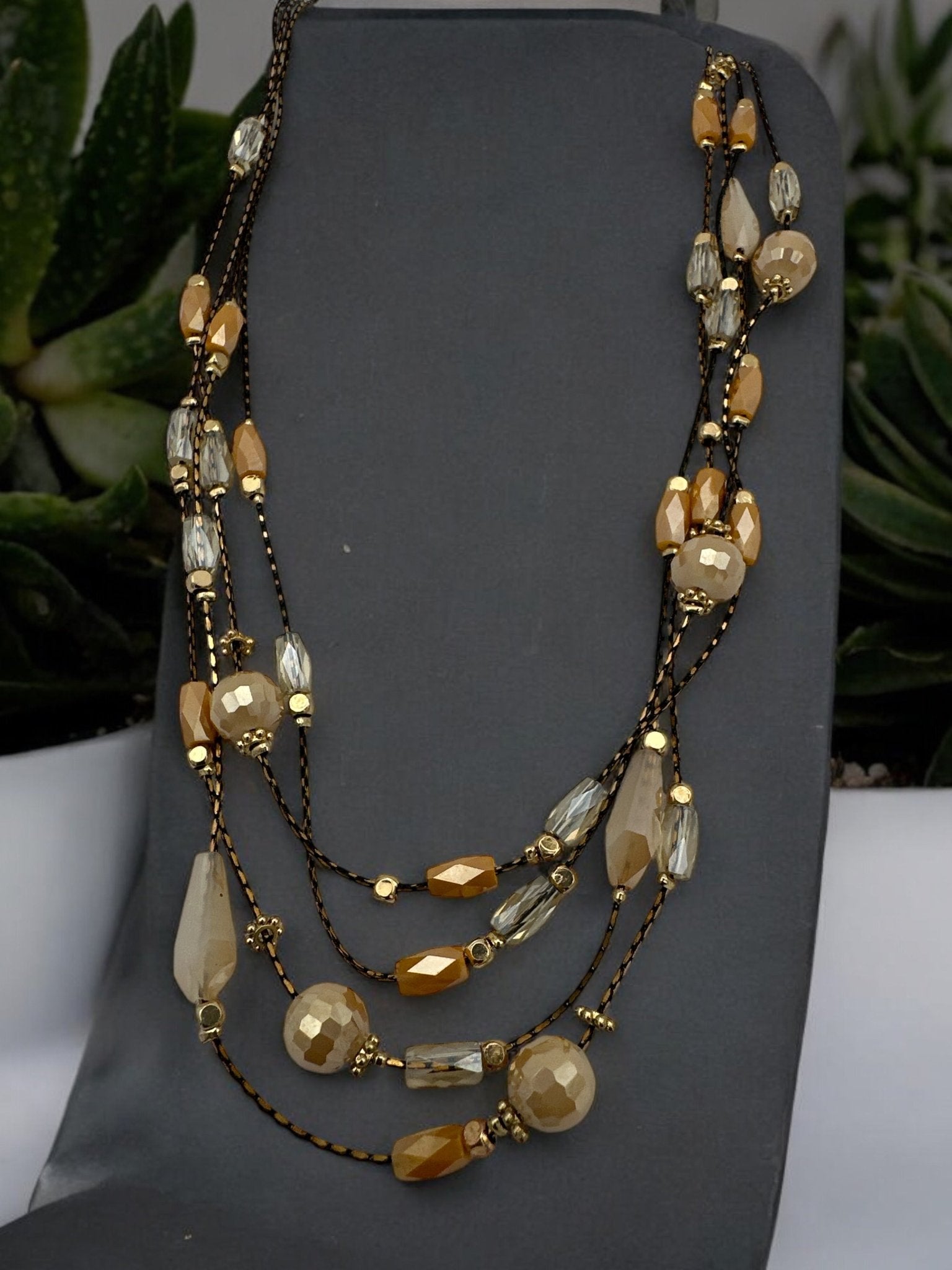 Elegant Multilayer Champagne & Crystal Beaded Necklace with Gold Accents - Fatisha Boutique