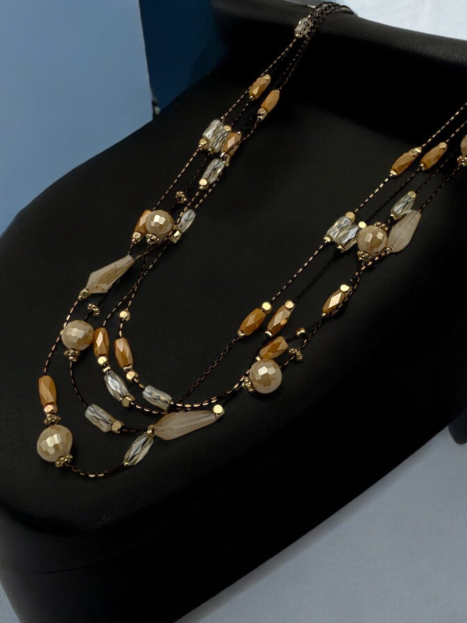 Elegant Multilayer Champagne & Crystal Beaded Necklace with Gold Accents - Fatisha Boutique