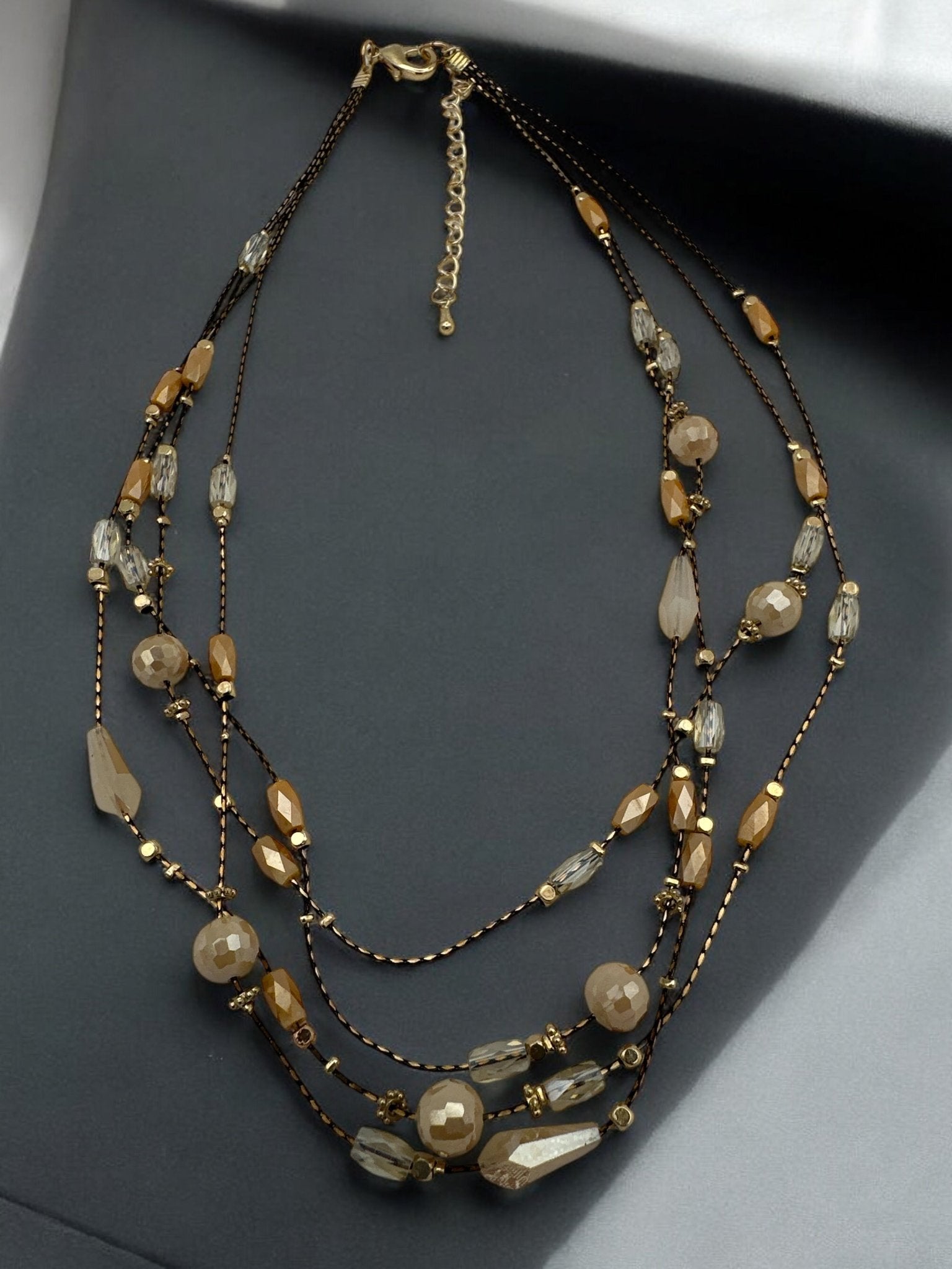 Elegant Multilayer Champagne & Crystal Beaded Necklace with Gold Accents - Fatisha Boutique