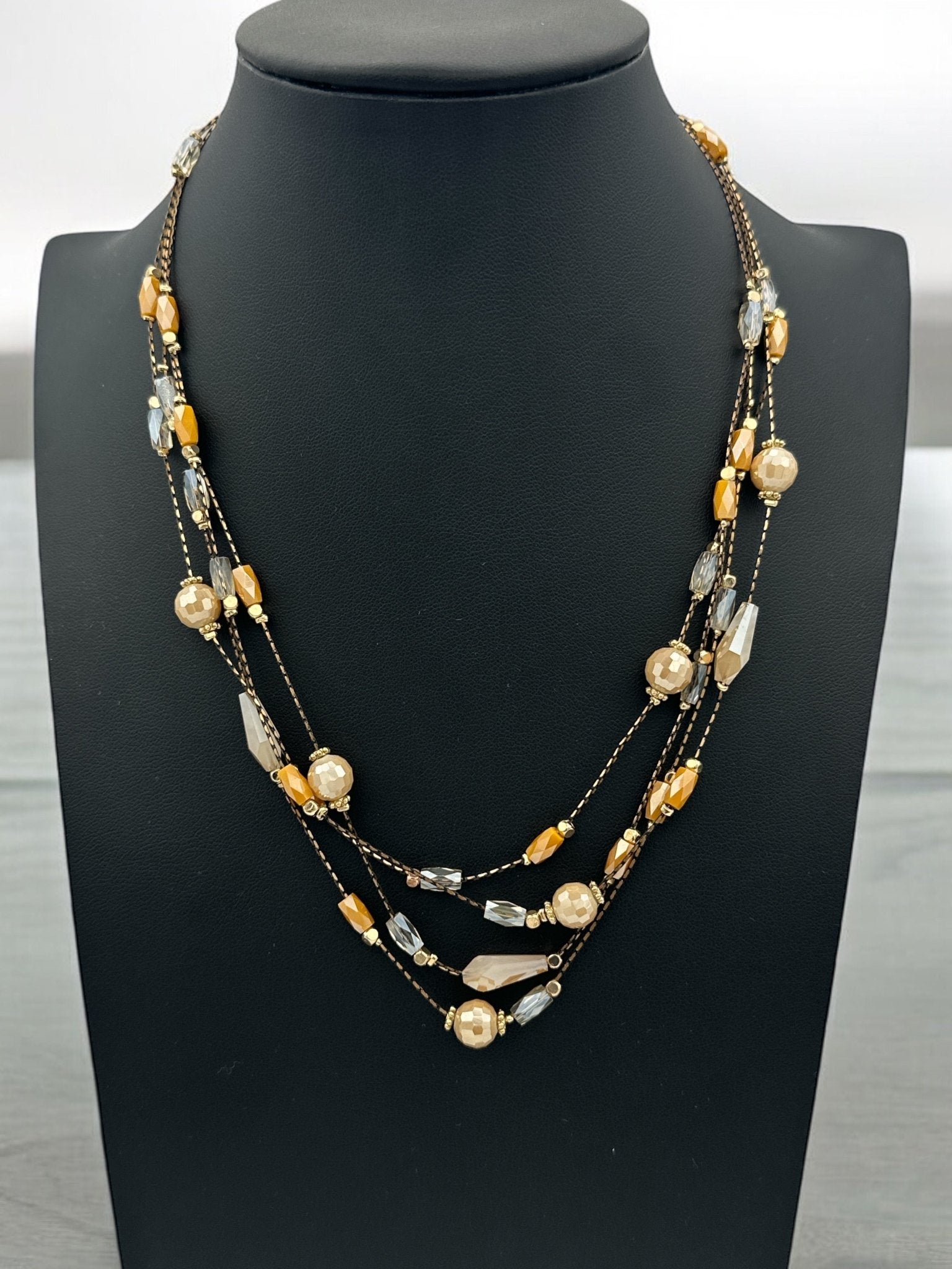 Elegant Multilayer Champagne & Crystal Beaded Necklace with Gold Accents - Fatisha Boutique