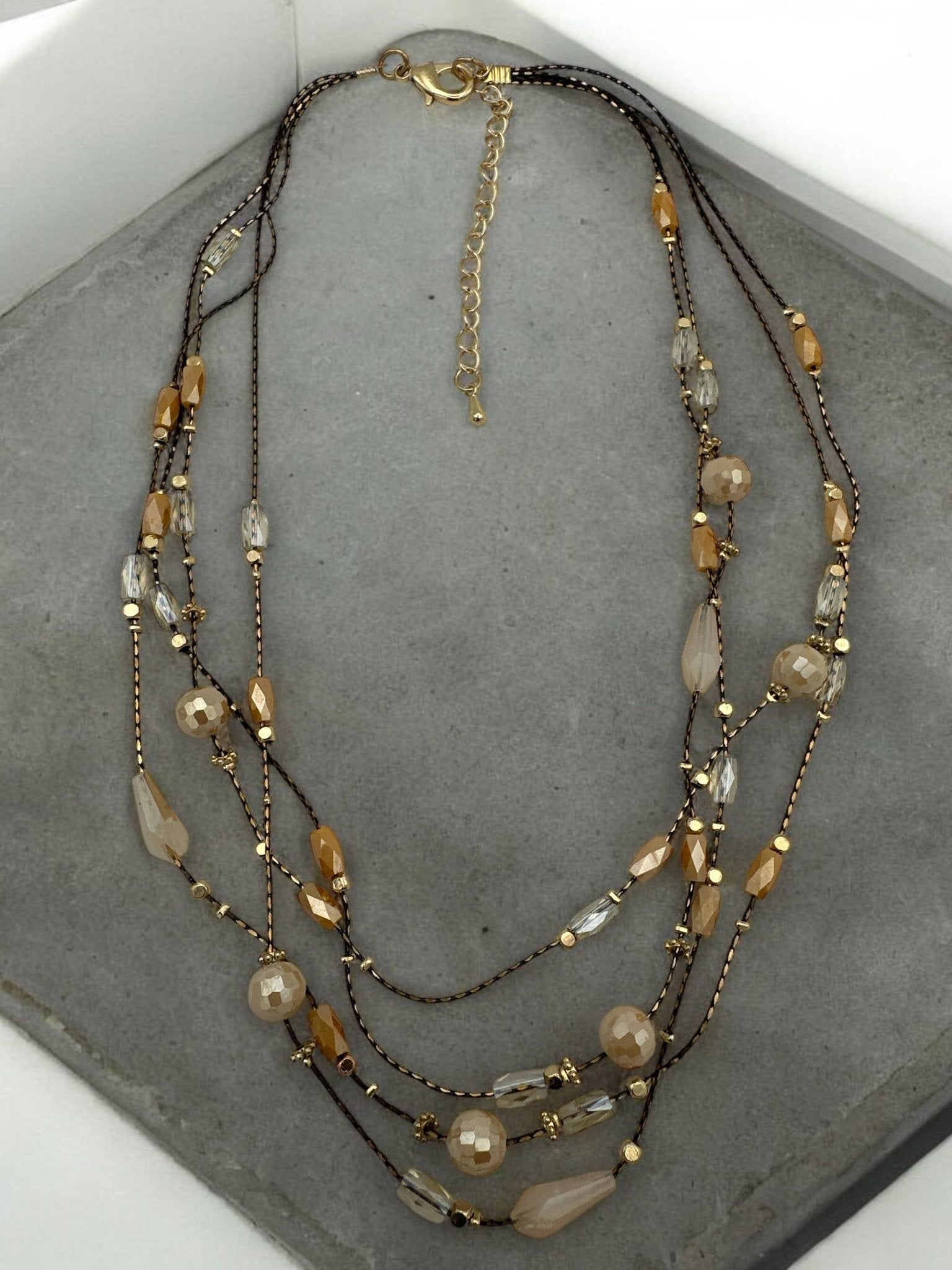 Elegant Multilayer Champagne & Crystal Beaded Necklace with Gold Accents - Fatisha Boutique